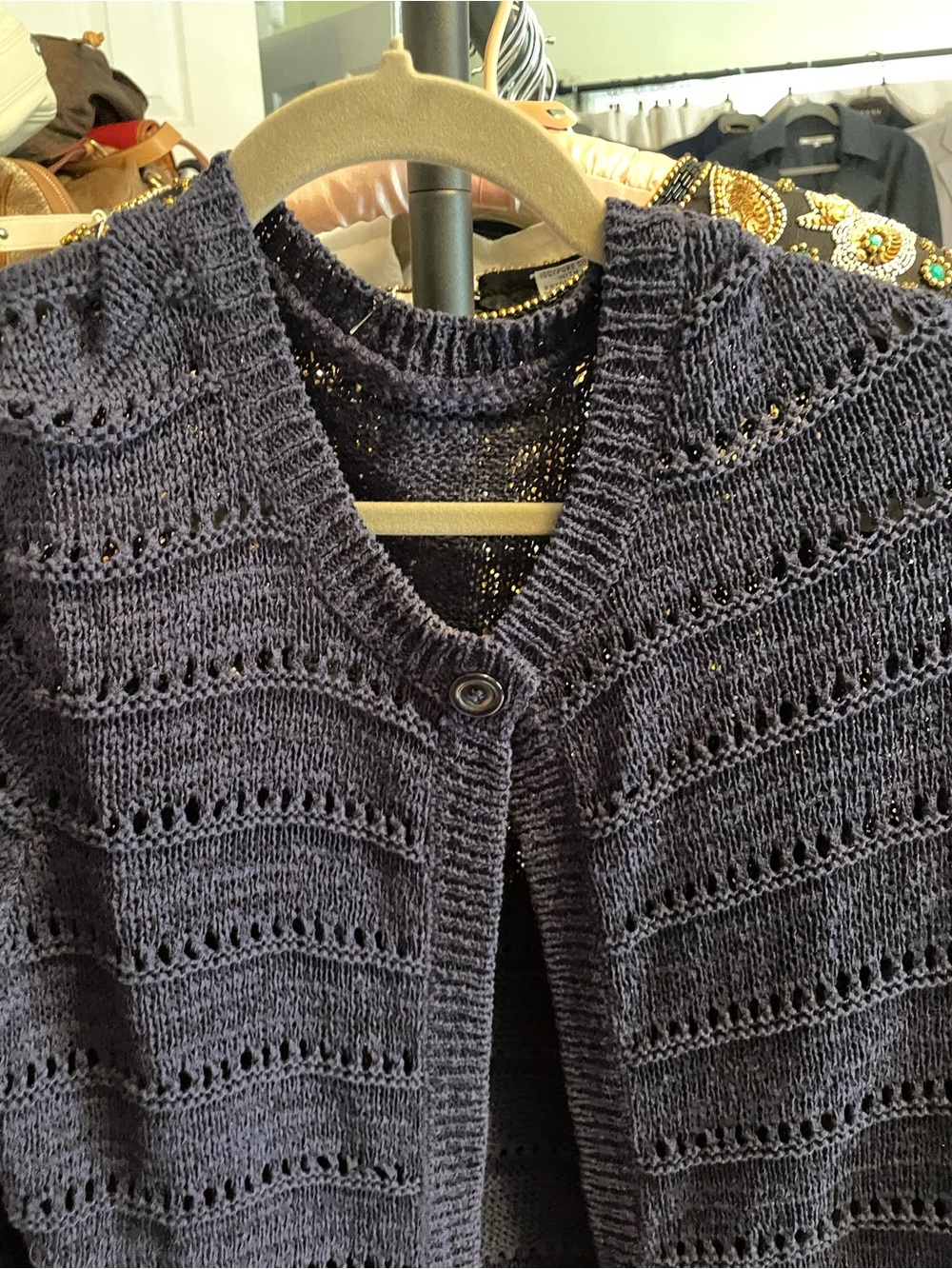 Navy Open Knit Cardigan Lightweight Button Front Sweater L - Picture 3 of 7